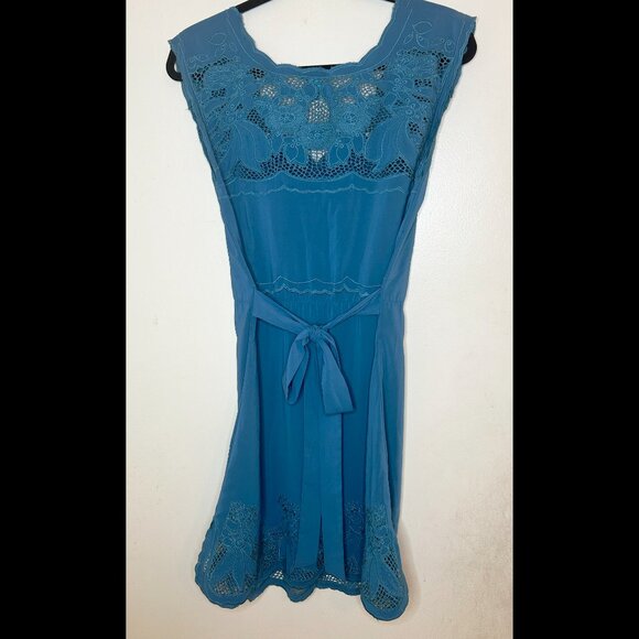 AKUALANI Boho Dusty Blue Turquoise Tieback Dress Scalloped Lace Neckline Size SM - Picture 5 of 6